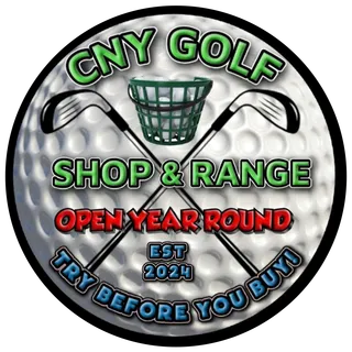 CNY Golf Shop & Range logo: crossed irons over a golf ball and a bucket of range balls, established 2024.